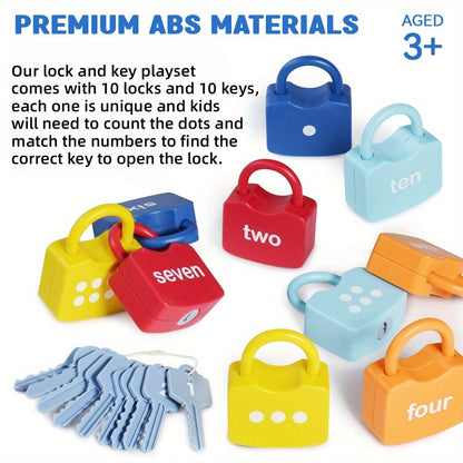 Preschool Math Lock and Key Counting Toy 10 Sets – Number Recognition Manipulative for Kids Ages 3-5, Color-Coded Kindergarten Math