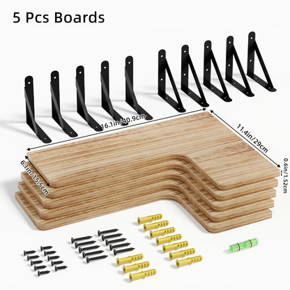 Corner Wall Shelf Set with L-Shaped Boards, Metal Brackets, Five- or Six-Piece Options and Seven Finishes