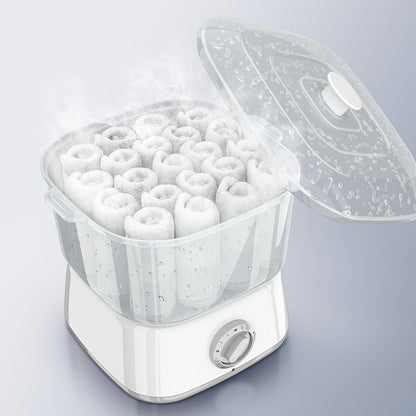 Compact Countertop Towel Steamer with Rotary Control, Black or White Base and Removable Clear Container