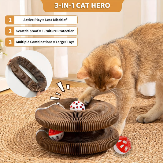 Cat Scratching Board with Ball Track & Bells – Foldable Organ Cardboard Scratcher Pad, Interactive Cat Toy for Indoor Cats