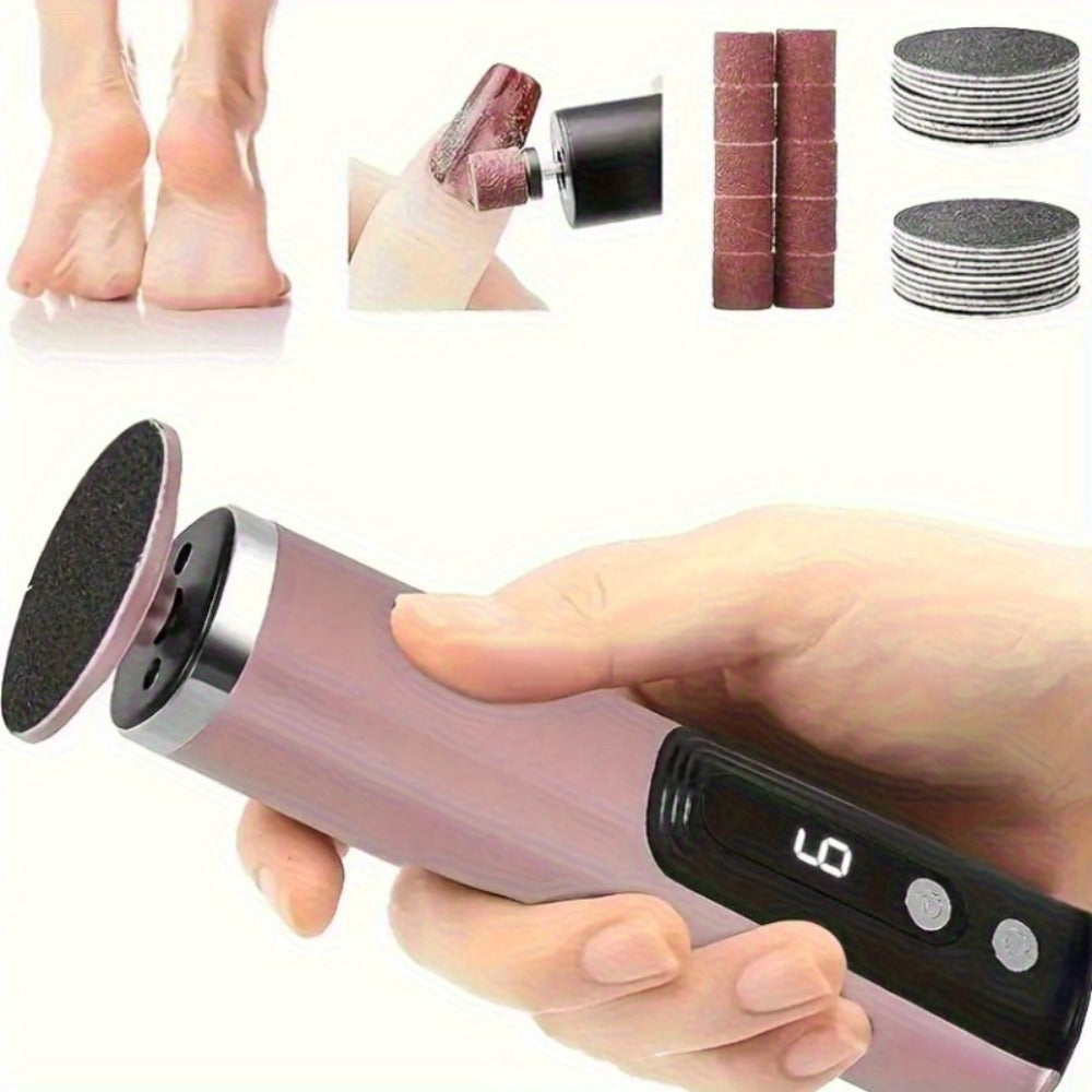 Rechargeable Electric Foot File and Callus Remover with Two Heads and Ten Sandpaper Pads in Pink