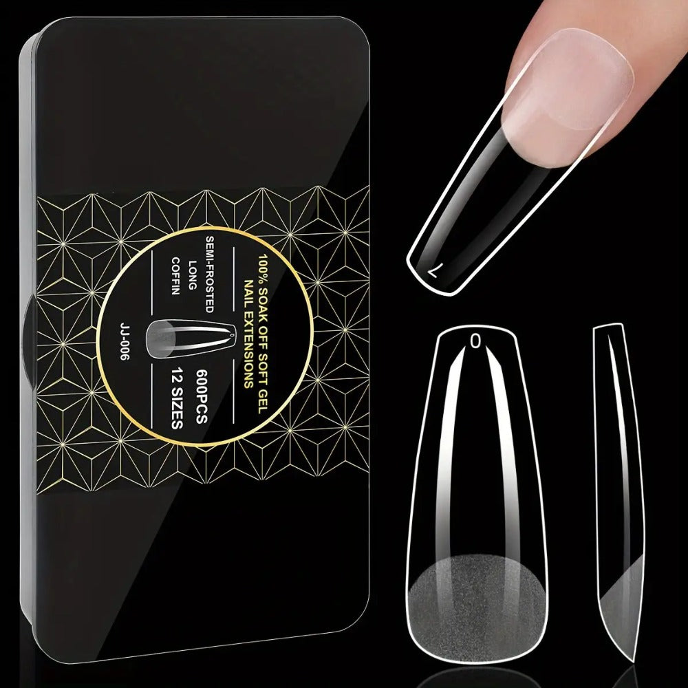 Gel Nail Tips 600 Pieces Clear Crystal Full Cover Nail Extensions – Almond Oval Coffin Stiletto Square Short Medium Long Soft Gel False