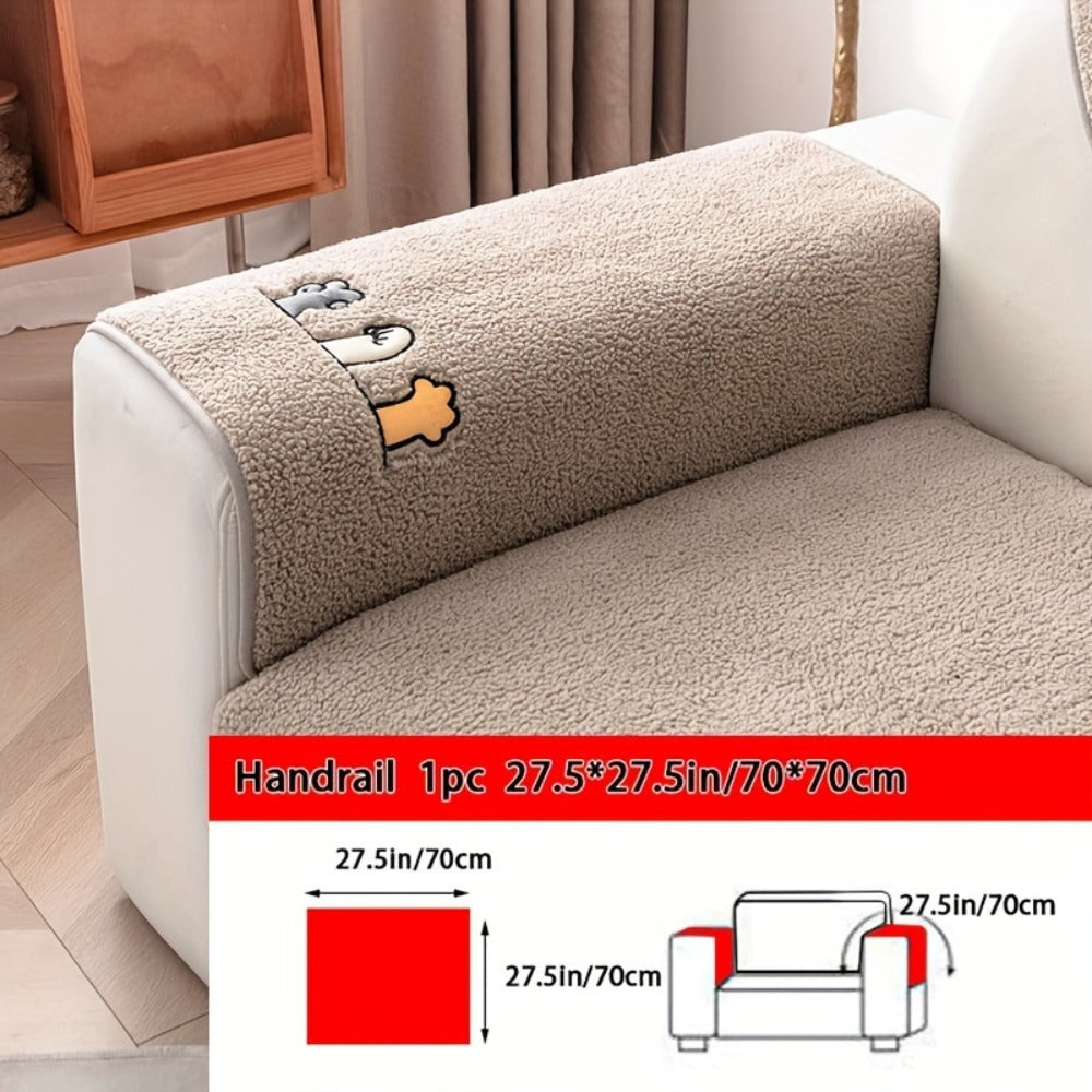 Sofa Cover Thick Plush Shearling Panels with Animal and Bone Embroidery and Backing Detail for 2 to 4 Seats