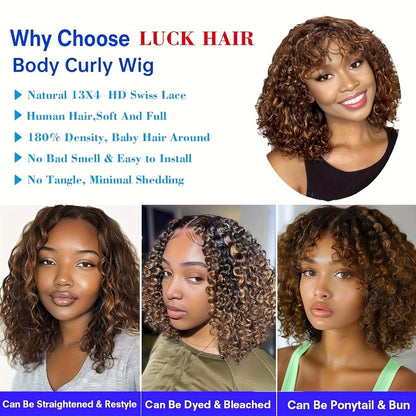 Lace Front Wig LUCK HAIR 10-Inch 4/27 Highlight Water-Wave Human Hair Bob with 13x4 HD Lace and 180% Density