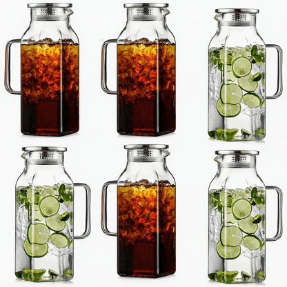 Square 68-Ounce Glass Pitcher with Metal-Look Lid and Handle in Two-, Six- or Twelve-Piece Packs