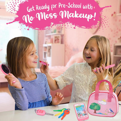 Girls Play Purse Set with Accessories 9pcs, Pretend Makeup, Toy Keys, Fake Phone & Credit Card, Toddler Dress Up Handbag Role Play Toy