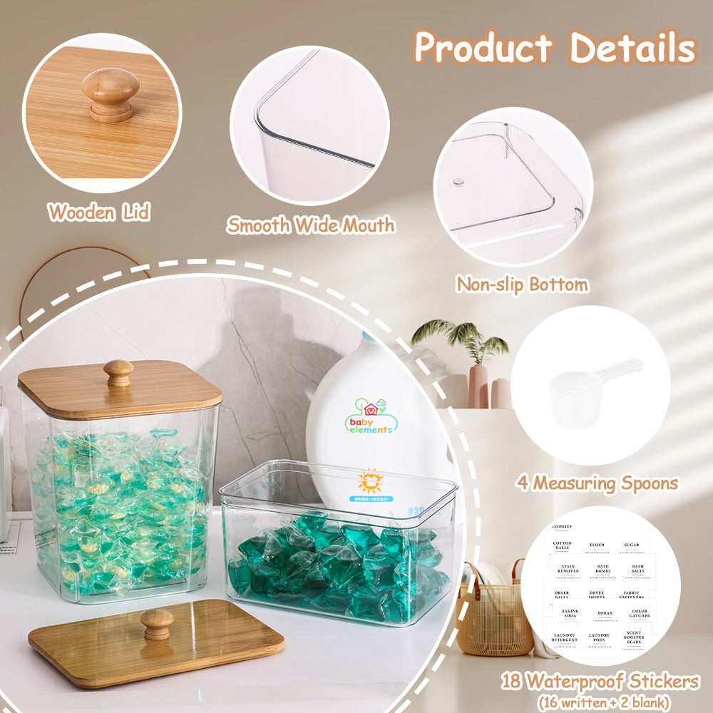 Laundry Pod Containers Set of 4 with Lids Scoops and Labels for Entryways, Bedrooms and Living Spaces