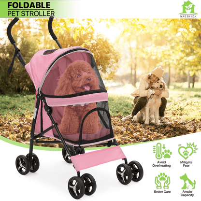 Pet Dog Cat Stroller with 4 Wheels – Foldable Jogger Pet Stroller for Small Medium Dogs & Cats up to 33 lbs, Breathable Mesh Windows