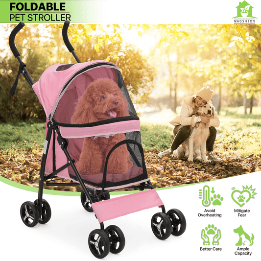 Pet Dog Cat Stroller with 4 Wheels – Foldable Jogger Pet Stroller for Small Medium Dogs & Cats up to 33 lbs, Breathable Mesh Windows