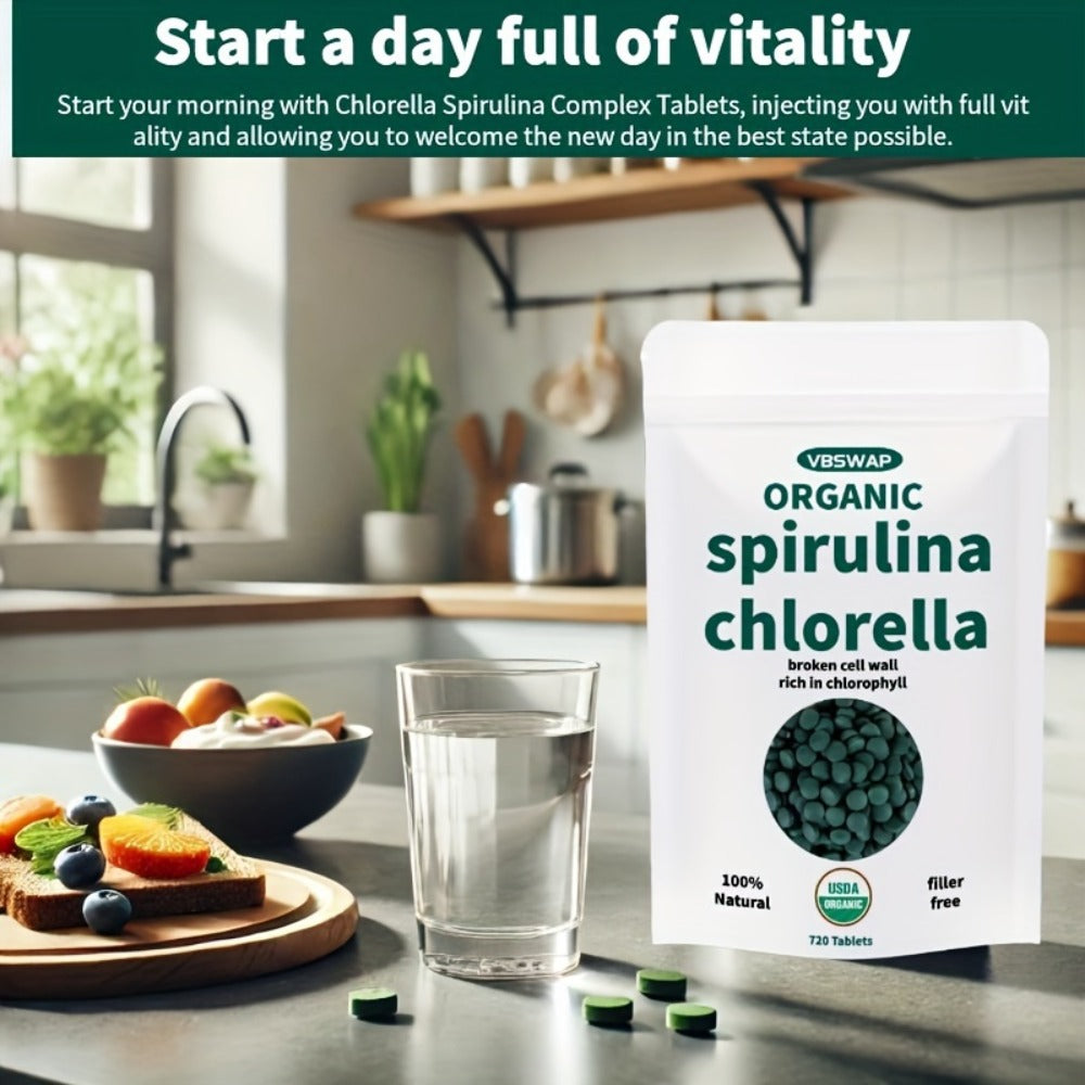 Organic Chlorella & Spirulina Tablets 720 Count, 4 Month Supply, 50/50 Superfood Blend, Cracked Cell Wall