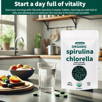Organic Chlorella & Spirulina Tablets 720 Count, 4 Month Supply, 50/50 Superfood Blend, Cracked Cell Wall