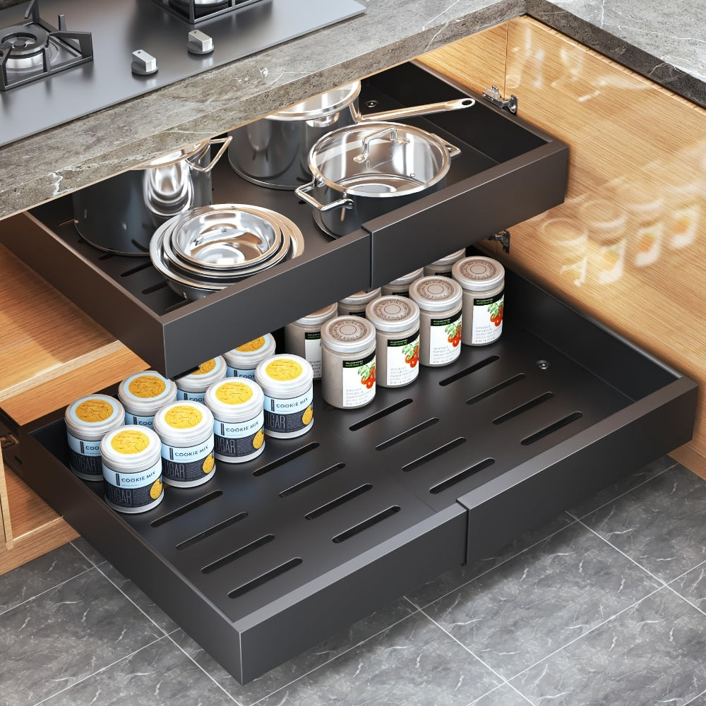 Expandable Pull-Out Cabinet Organizer with 12.6-20.5 Inch Width, Three-Track Slides and 2- or 4-Drawer Options