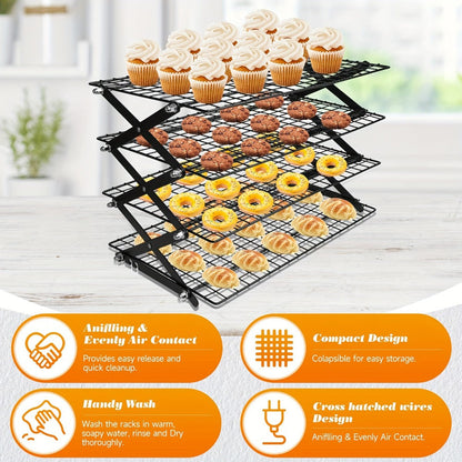 Foldable Cooling Rack for Baking, Stackable Wire Baking Rack with 4-Position Height Adjustment