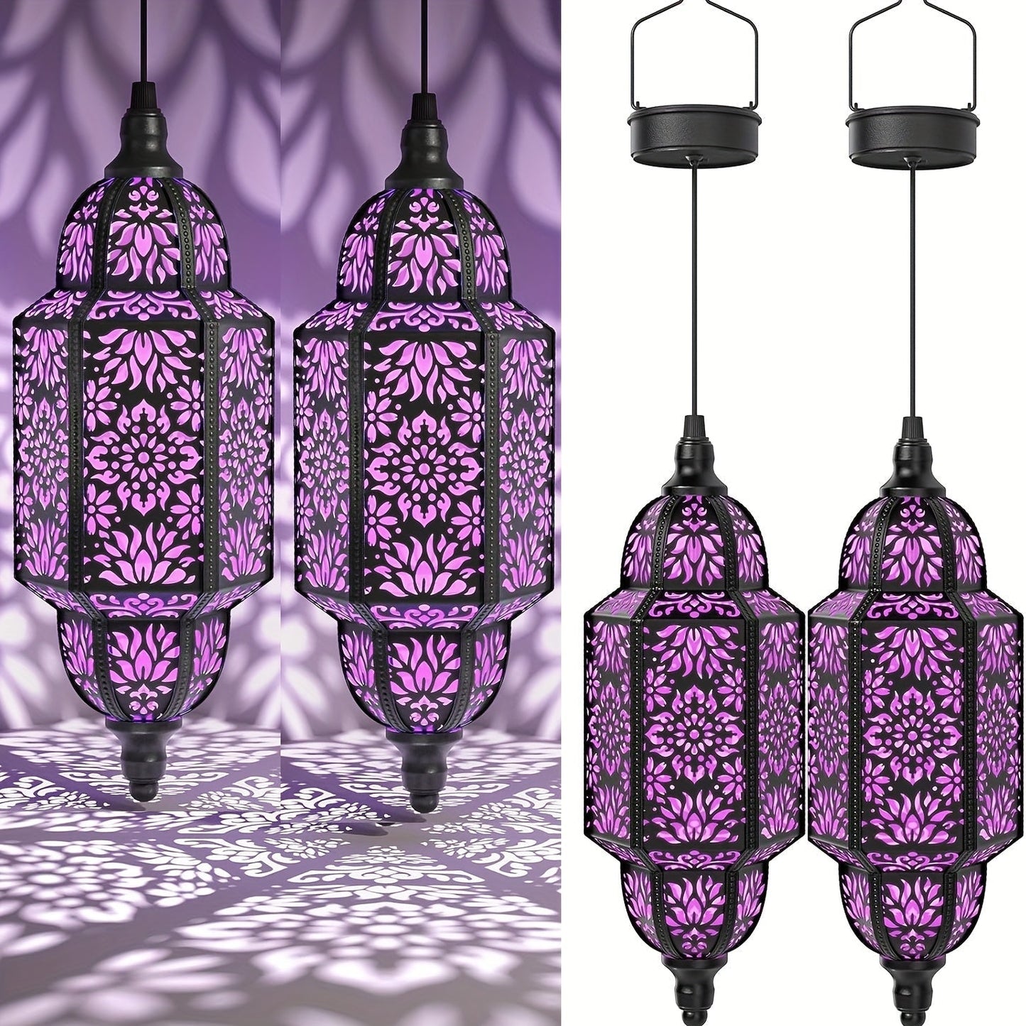 Solar Lanterns Outdoor 2 Pack Moroccan Cut-Out Design Garden Pathway Patio Lantern Lights Gold Purple White Copper