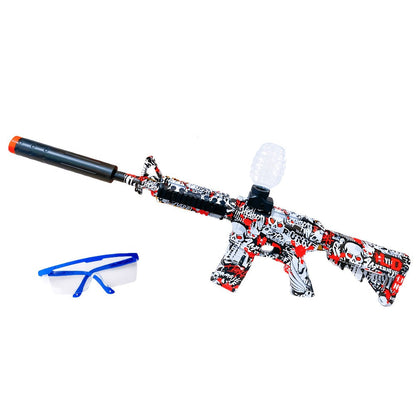 Red-White-and-Black Rifle-Style Electric Gel Blaster Set with Hopper, Stock, Barrel, Goggles and USB Cable