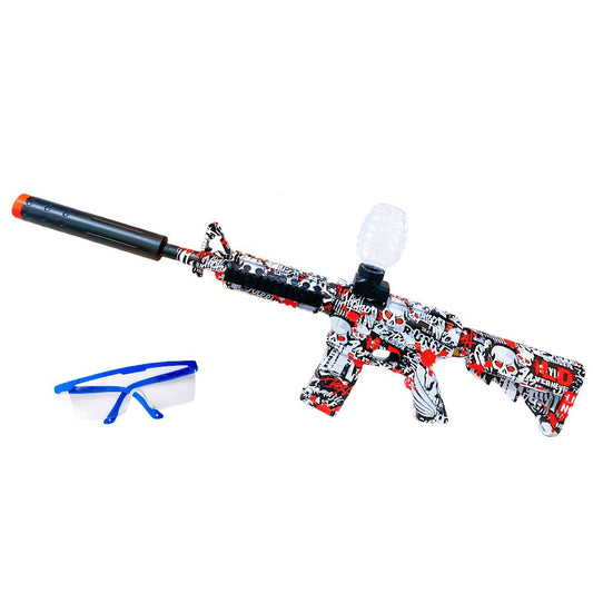 Red-White-and-Black Rifle-Style Electric Gel Blaster Set with Hopper, Stock, Barrel, Goggles and USB Cable
