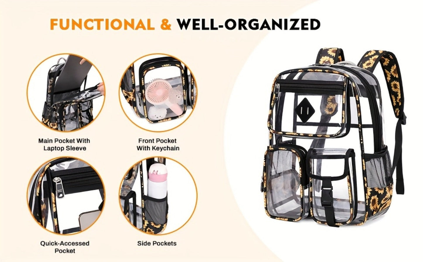 Backpack for Women – PVC, Clear, Transparent, Large Capacity – detail view 11