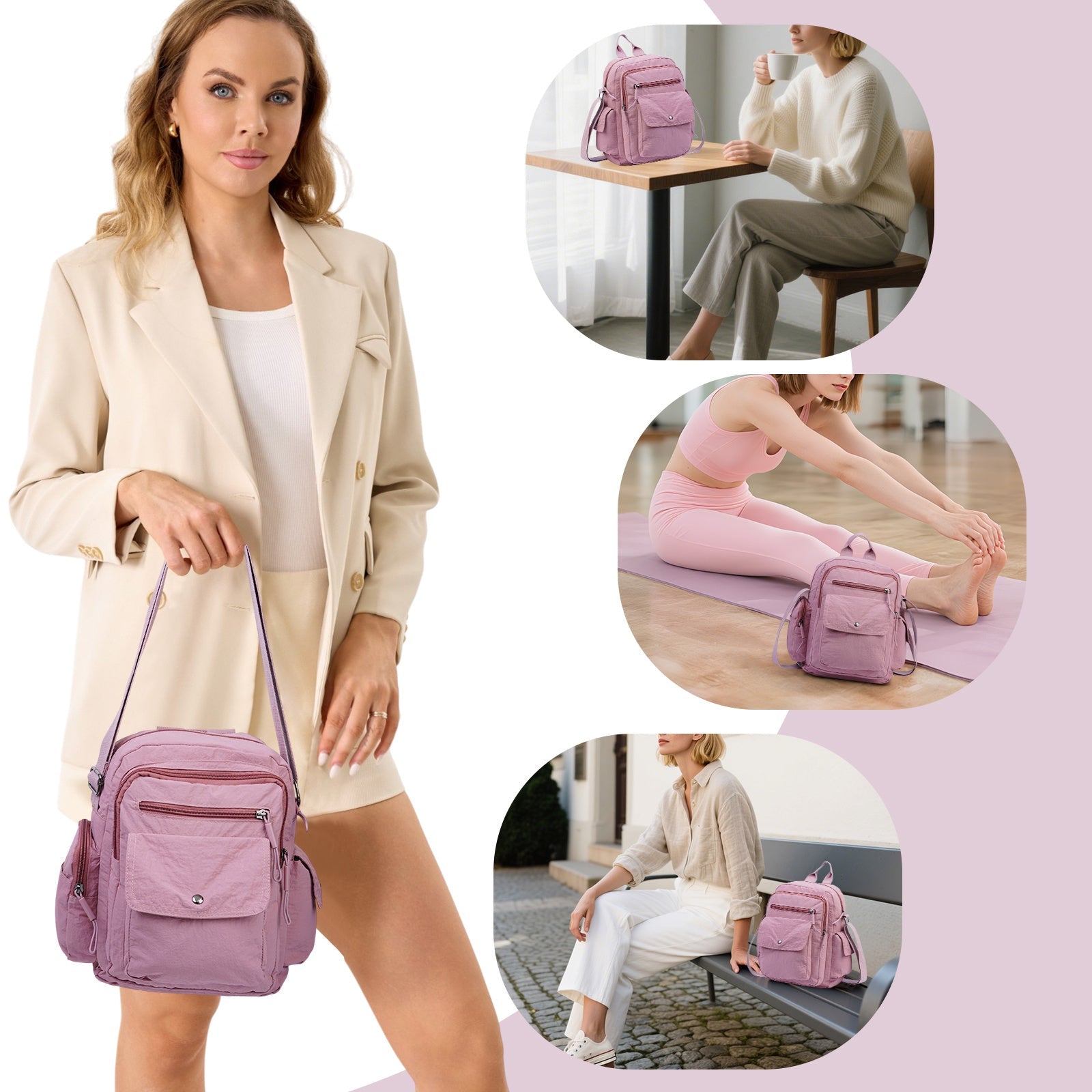Backpack for Women – 2 Piece, Nylon, Quilted, Lightweight – detail view 5