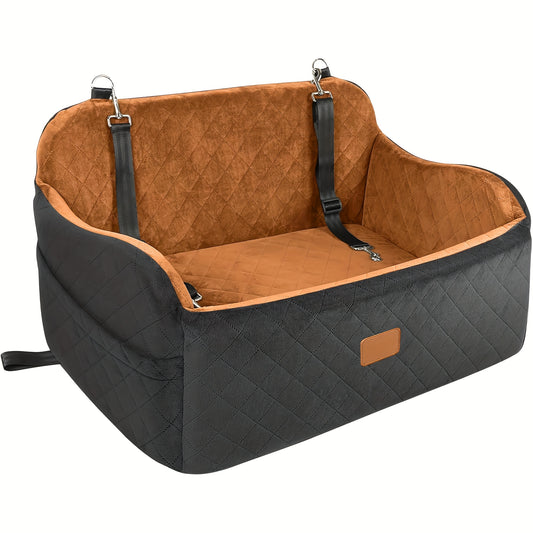 Dog Car Seat Booster with Memory Foam & Non-Slip Bottom – Adjustable Safety Leash & Seatbelt Channel, Soft Plush Pet Car Bed