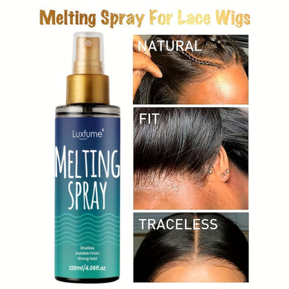 Lace Wig Melt Spray Strong Hold No Residue Quick Dry 4.06 Fl Oz Invisible Glueless Adhesive for Lace Front Closure Wigs Portable 1pc or 2pcs