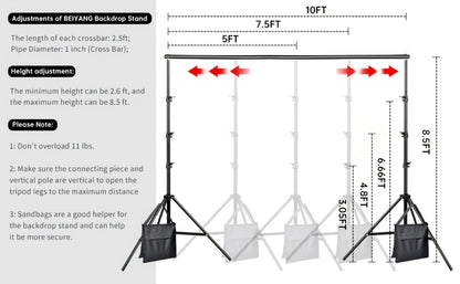 Backdrop Stand BEIYANG 10 x 8.5-Foot Tripod Kit with Sectional Crossbar, Clips, Ballast Bags and Carry Bag