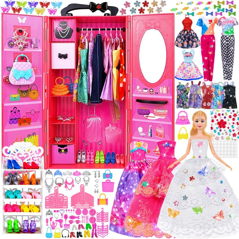 Fashion Doll Wardrobe Set 140pcs for 11.5 Inch Dolls, Deluxe Closet with Wedding Dress, Evening Gowns