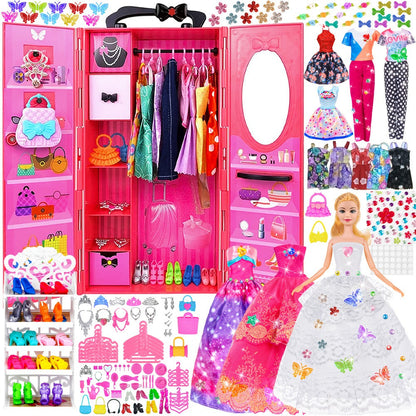 Fashion Doll Wardrobe Set 140pcs for 11.5 Inch Dolls, Deluxe Closet with Wedding Dress, Evening Gowns