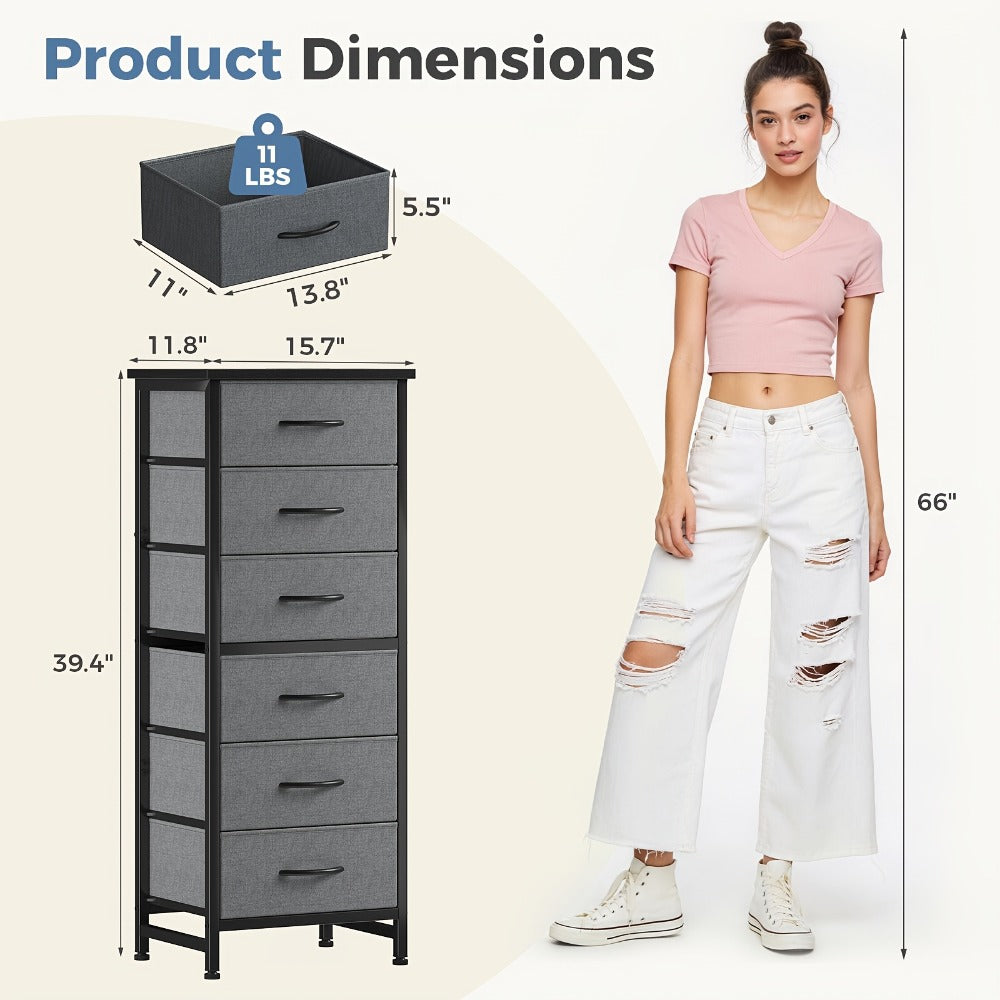 6 Drawer Fabric Dresser with Steel Frame Wooden Top – Storage Chest Organizer for Bedroom Closet Hallway Living Room