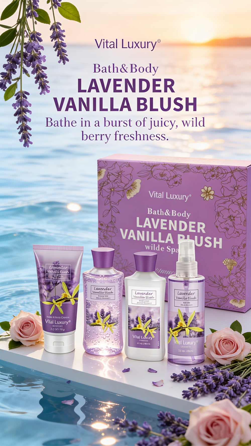 Luxury Bath Gift Set for Women 4pcs Lavender Vanilla Body Care Kit Shower Gel Body Lotion for Entryways, Bedrooms and Living Spaces