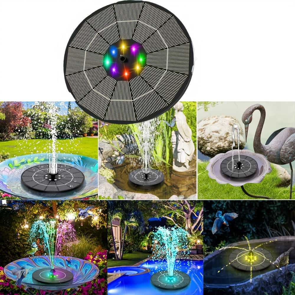 LED Solar Fountain Pump with 10W Separate-Panel and Round Disc Options, Eight Lights and Spray Fittings