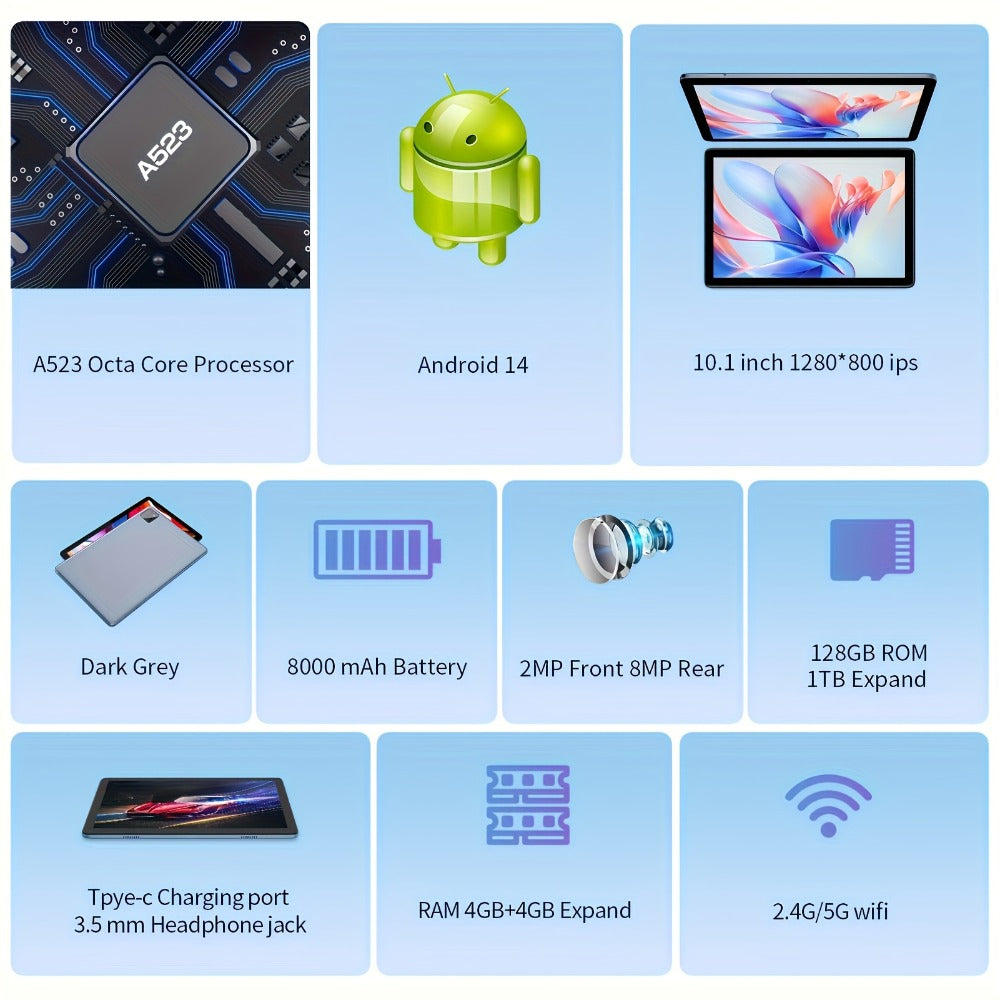 Android Tablet 10.1-Inch PRITOM with Android 14, 8GB Total RAM, 128GB Internal Storage and Keyboard Kit
