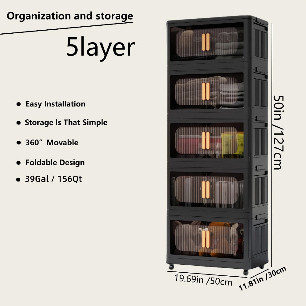 Storage Cart 4 or 5-Tier Enclosed Plastic Organizer with Double Doors, Folding Panels and Lockable Wheels