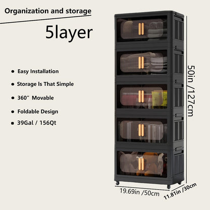Storage Cart 4 or 5-Tier Enclosed Plastic Organizer with Double Doors, Folding Panels and Lockable Wheels
