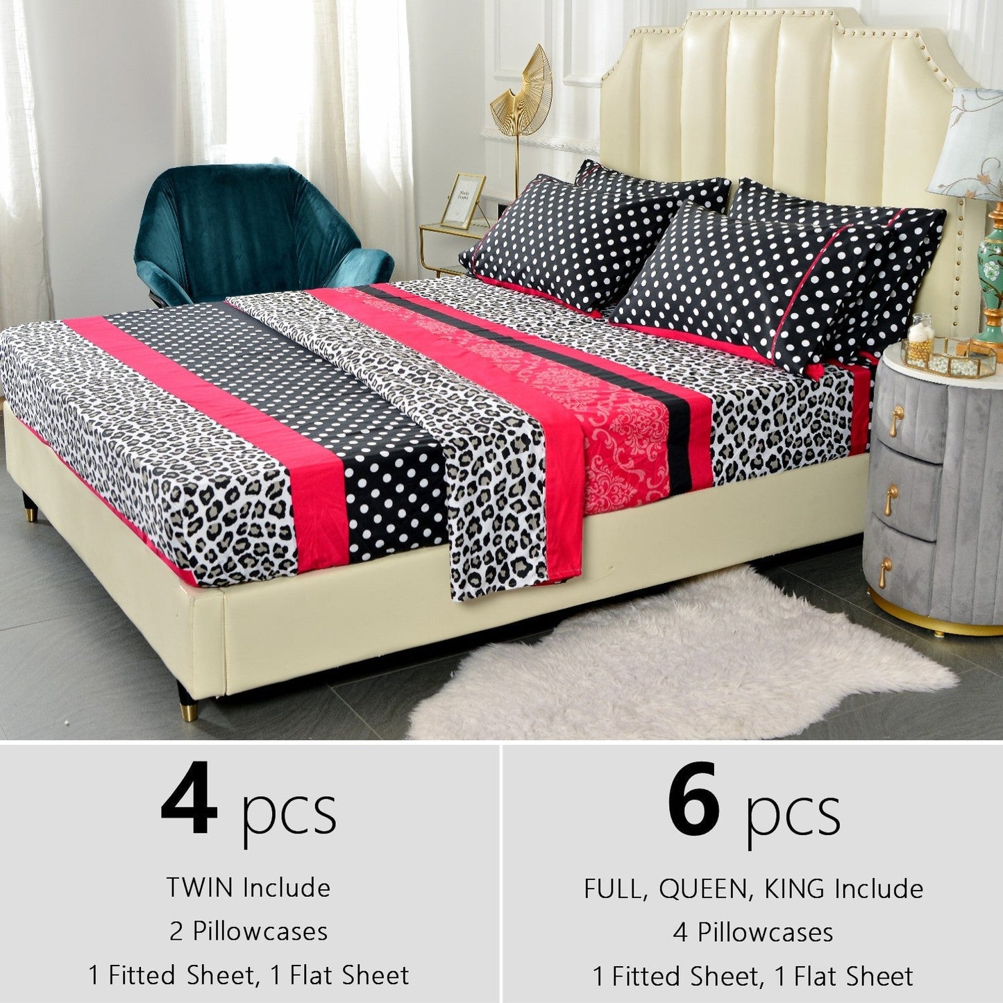 Bed Sheet Set Patchwork Microfiber in 4- or 6-Piece Configuration with 14-Inch Pocket and Three Colors