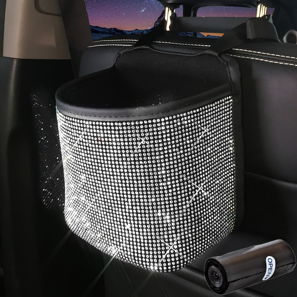 Hanging Rhinestone Car Trash Bin with Seat-Back Strap, 18 × 21 × 10 cm Size and One Liner Bag
