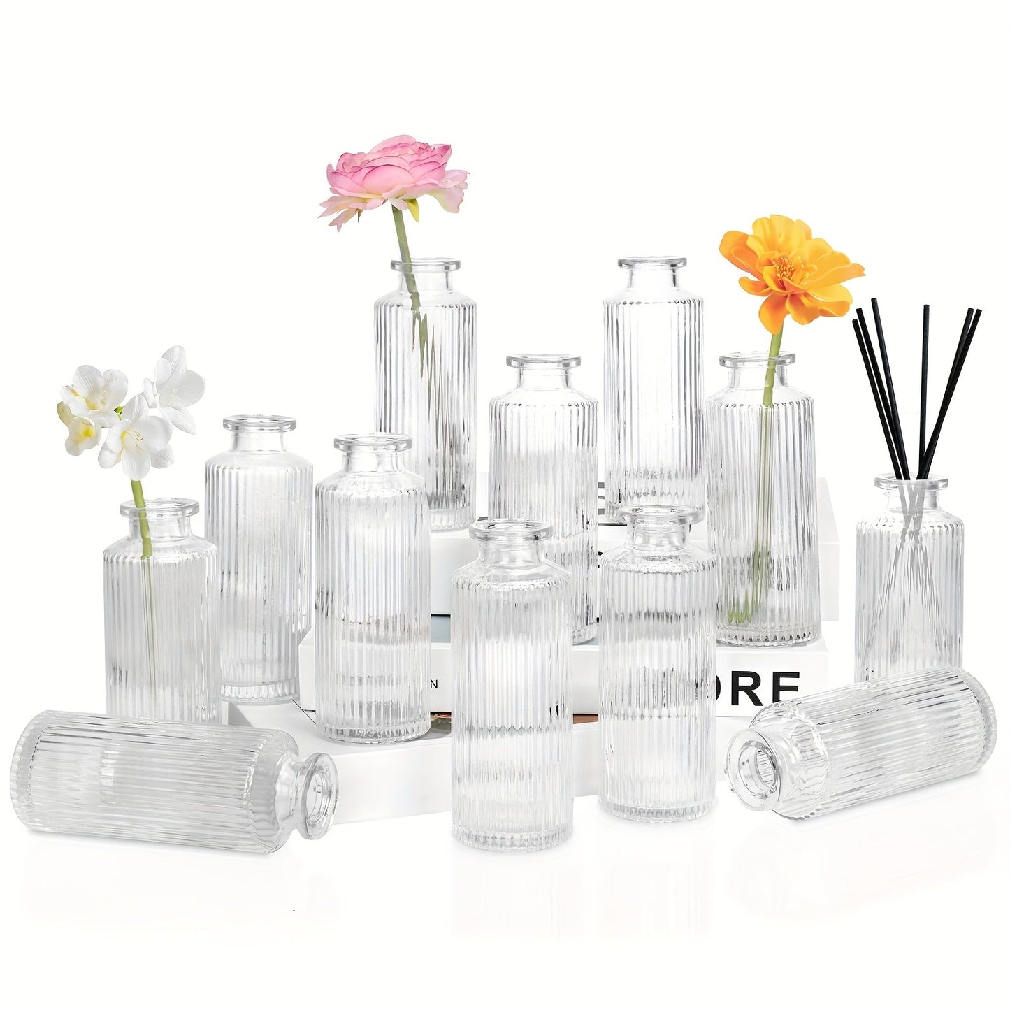 Mini Bud Vases Set – Modern Striped Clear Glass Flower Vases for Wedding Centerpieces, Birthday Party, Anniversary, Home Table Decor