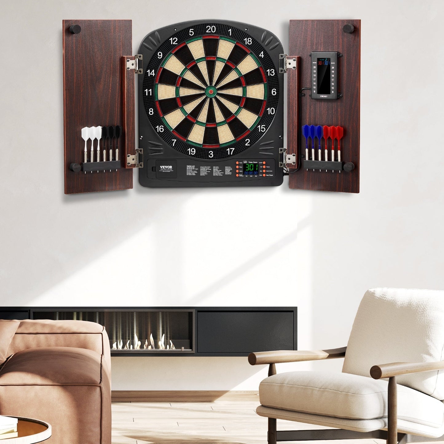 Electronic Dartboard Cabinet Set with LED Scoring – 13.5" Soft Tip, 40 Games 590 Variations, Retro Wood Cabinet, 1-8 Players