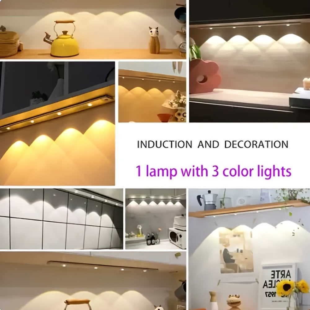 LED Sensor Strip Light USB Rechargeable – 3-Color Dimmable Motion Sensing Wireless Night Light for Kitchen, Wardrobe, Cabinet