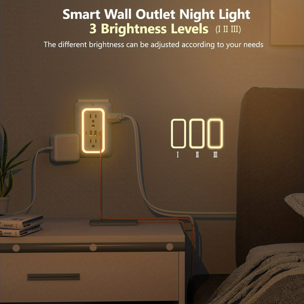 Outlet Splitter Wall Expander 10-in-1 with 6 AC Outlets 2 USB-A 2 USB-C Ports 3-Sided Plug for an Everyday Personal Care Routine