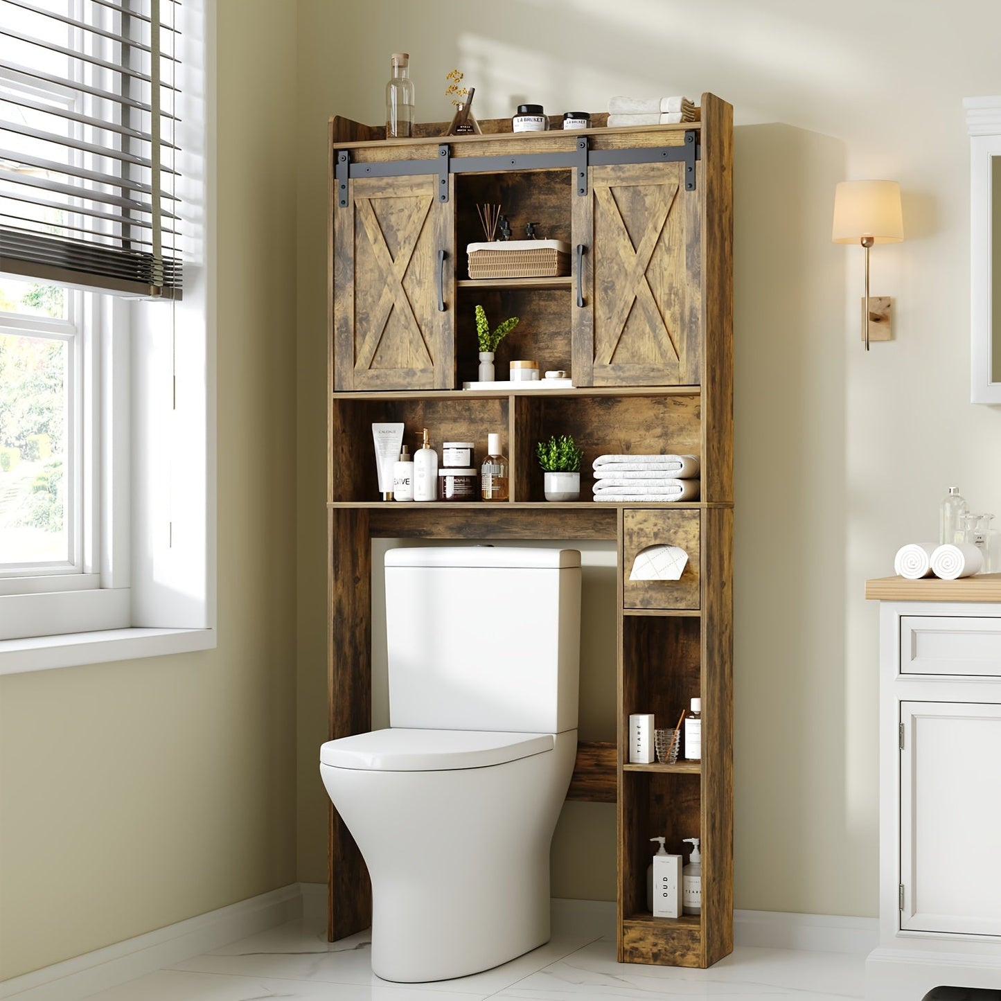 Bathroom Storage Cabinet shown in the Brown, Sliding Doors option