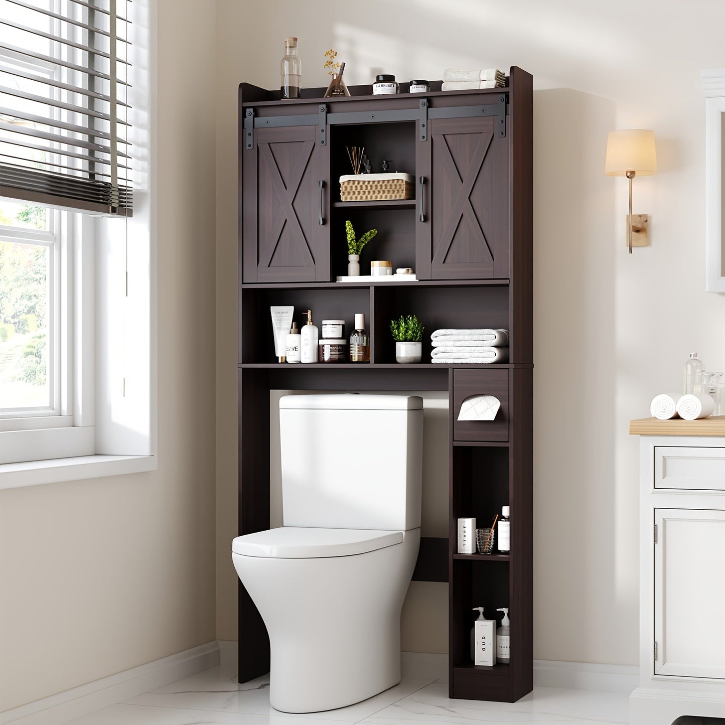 Bathroom Storage Cabinet shown in the Espresso, Sliding Doors option
