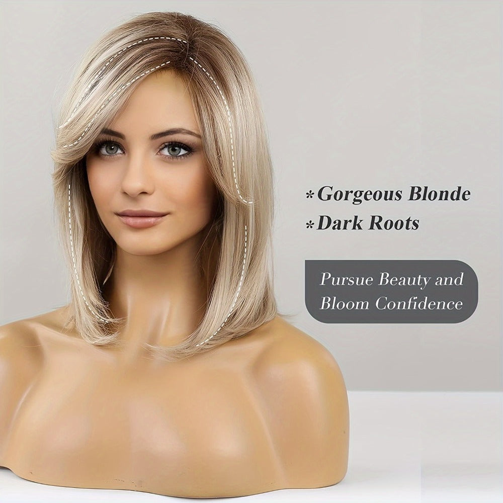 Synthetic Wig 16-Inch Mixed White-Golden Straight Style with Adjustable Rose Net Cap for Costume Looks