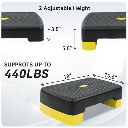 Aerobic Step Platform Adjustable Height with 2 Risers – Non-Slip Workout Stepper 18"x11", 440 LB Capacity