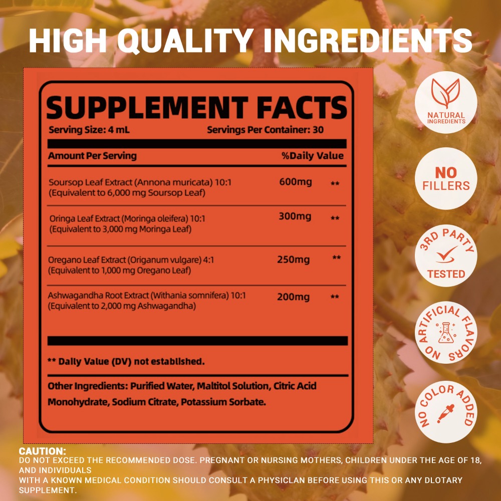 Soursop Bitters Liquid Herbal Supplement, Gut Health Support with Moringa, Oregano & Ashwagandha