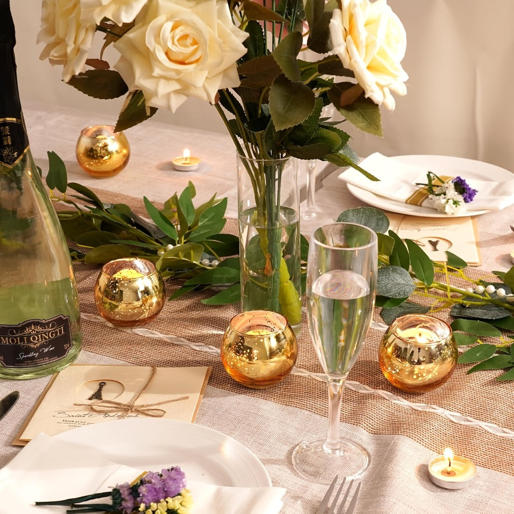 Round Glass Votive Candle Holder Sets in Gold, Pink, Silver or Green with 6-, 12- or 24-Piece Options