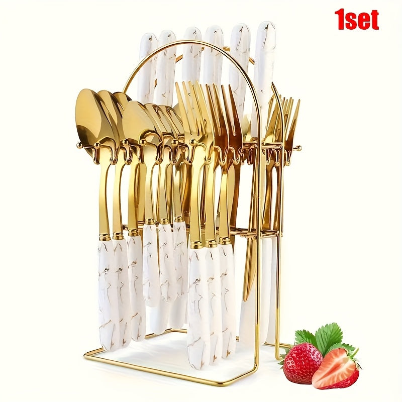 Marble Pattern Cutlery Set 24pcs – Dinner Forks Soup Spoons Teaspoons for Home Hotel Restaurant
