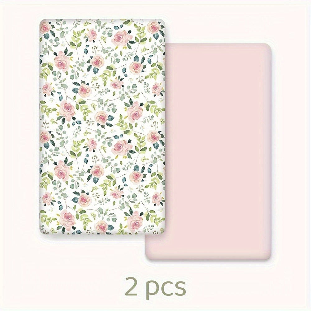 Two-Pack Printed Microfiber Fitted Sheets with Pink Flower, Whale or Deer Patterns for Portable and Home Mattresses