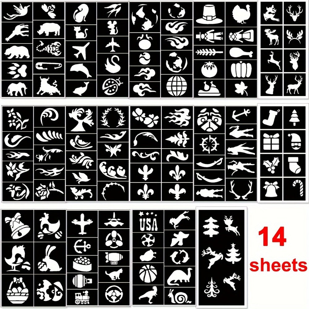 Glitter Tattoo Kit for Kids & Adults, 14 Stencil Sheets 6 Metallic Colors Skin-Safe Body Glue 2 Brushes