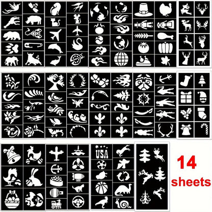 Glitter Tattoo Kit for Kids & Adults, 14 Stencil Sheets 6 Metallic Colors Skin-Safe Body Glue 2 Brushes