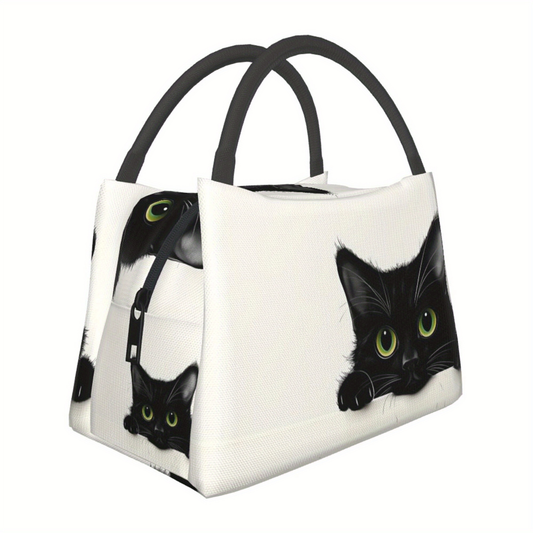 Black Cat Pattern Insulated Cooler Bag – Reusable Thermal Lunch Tote 11x6.3x6.7", Polyester, Keeps Food Hot & Cold, Portable for Picnic